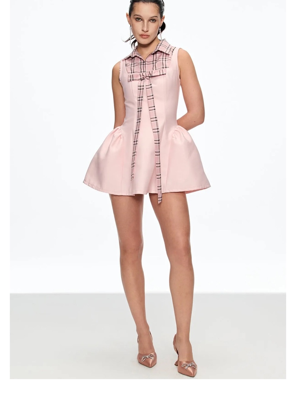 Girls' Light Pink Sleeveless Party Dress with Plaid Neck Tie